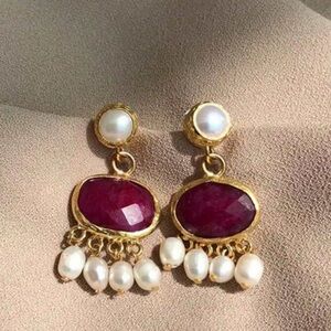 Elegant Gold and Red Pearl Drop Earrings